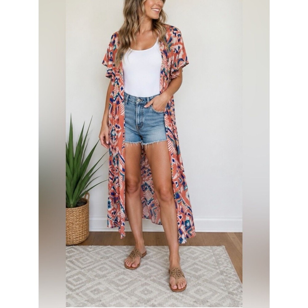 Judith March Coral Teal Aztec Print Kimono Duster w Pockets M